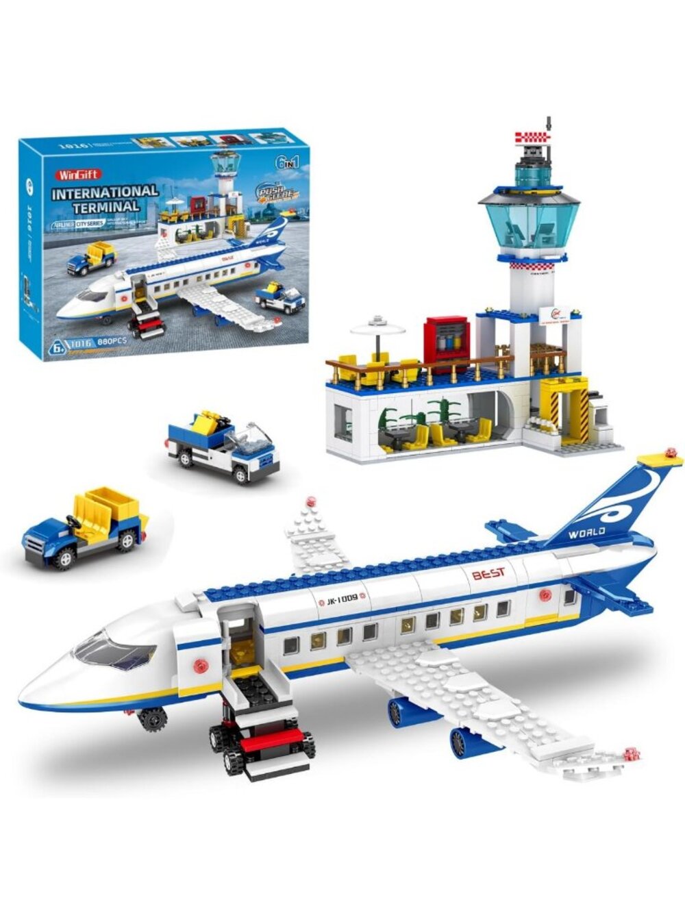 880 Pcs Airport Terminal Building Set - 6-in-1 Airplane Blocks, STEM Toy for